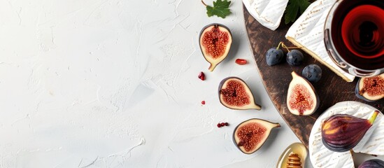 Aufkleber - Top view of Camembert or brie cheese paired with fresh figs, honeycomb, and a glass of wine on a serving board against a white background with room for text or other images. with copy space image