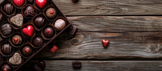 Poster - Valentine's Day-themed box of chocolates displayed on a wooden surface with a blank space for an image. with copy space image. Place for adding text or design