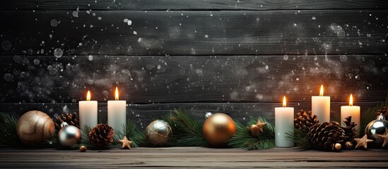 Sticker - Image of Christmas ambiance with a fir tree, lit candles, and ornaments on a dark wooden surface, evoking the Advent season with a snowy effect. Contains ample copy space.