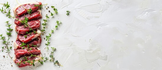 Poster - Raw beef with thyme  ready for cooking pastel background. with copy space image. Place for adding text or design