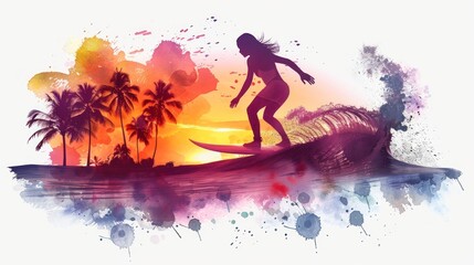 Wall Mural - Surfing silhouette girl on wave amidst sunset horizon