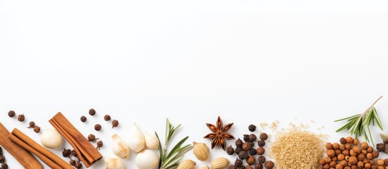 Wall Mural - Top-down view of assorted dry spices like ginger, garlic, rosemary, and bay leaves on a white background, perfect for adding text or elements - copy space image.