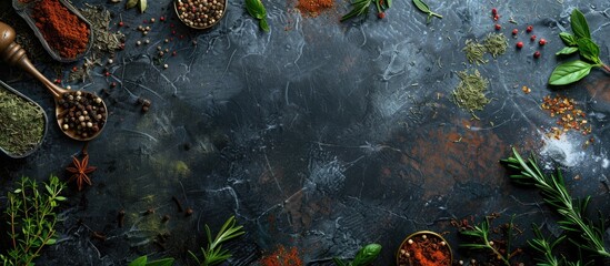 Aufkleber - A diverse array of herbs and spices arranged enticingly against a dark stone backdrop in a top-down view with ample copy space for customization, perfect for culinary-inspired projects.