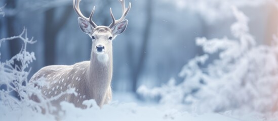 Poster - Close-up of a white deer in a winter day setting with copy space image.