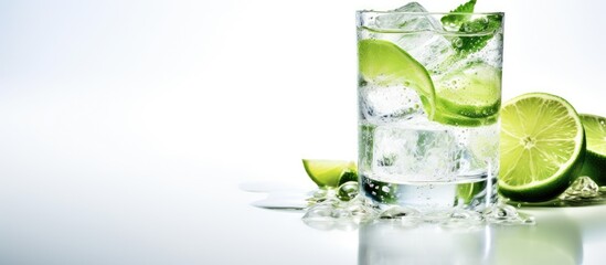 Poster - A photograph showing a gin and tonic drink with ice and lime, placed elegantly on a white surface, providing ample space for additional visual elements.