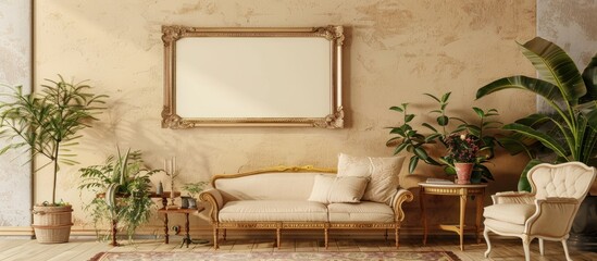 Poster - Elegant home decor features retro living room design with vintage furniture, plants, personal items, and a gold-framed copy space image on a beige wall.