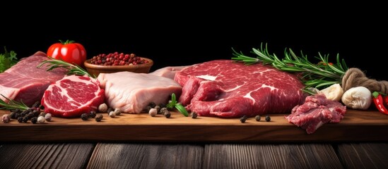 Poster - A variety of fresh minced meats like beef, pork, lamb, and chicken are displayed on a rustic table as a healthy meal or snack option for a keto or paleo diet, with copy space image.