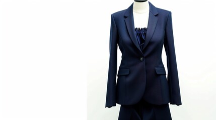 A classic women's navy blue suit jacket and trousers, displayed on a stand with a white background.