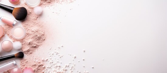 Poster - Beauty products and makeup accessories arranged on a white fur backdrop for a beauty knolling theme with room for text in a copy space image.