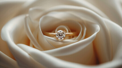 Wall Mural - A close-up image of a diamond engagement ring resting within the delicate petals of a white rose