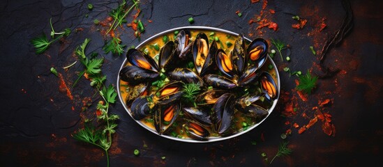 Fototapete - Plate of seafood mussels in wine sauce and thyme on dark background, viewed from the top, with room for other images. with copy space image. Place for adding text or design