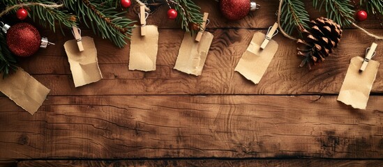 Poster - Rustic Christmas-themed copy space image with vintage paper on clothespins against a wooden background adorned with decorations.