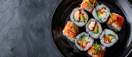Fototapete - A black plate with vegetarian rolls displayed, providing copy space image.