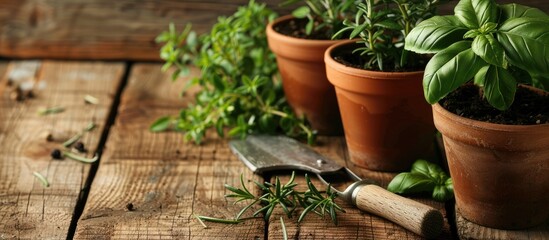 Fototapete - Home gardening. Rosemary and basil bush in pots, and gardening tools on wooden table. Copy space image. Place for adding text or design
