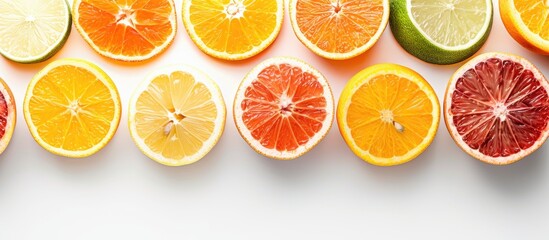 Fototapete - various citrus fruits isolated on white background, top view. Copy space image. Place for adding text or design