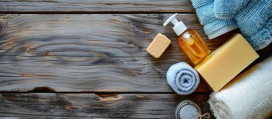 Leinwandbilder - A top view of a spa kit with shampoo, soap bar, liquid shower gel, and towels arranged on a wooden table with copy space image.