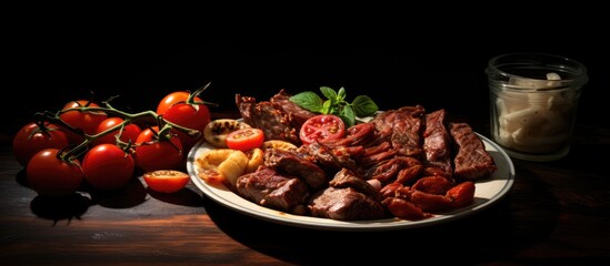 Poster - Light snacks include a meat plate and stewed tomatoes served in a copy space image.