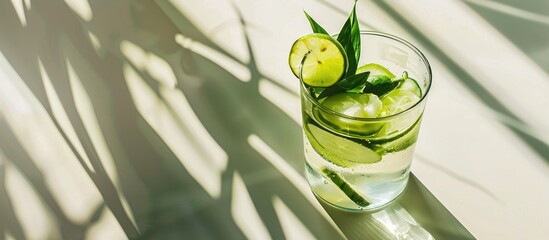 Poster - A glass of detox drink, water with fruit and ice. Contains cucumber, lime wedges and green leaves on a white table, with hard shadow. Summer concept, tropical and cool cocktail. Copy space image.