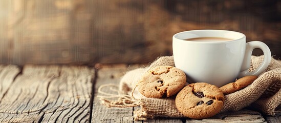 Wall Mural - A white cup of coffee and cookies in a brown hemp sack are arranged on a vintage wooden table with a simple, relaxing morning vibe, featuring copy space for your text.