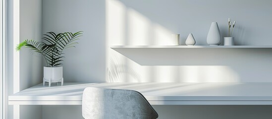 Poster - Detail of a modern home interior; white minimalistic home office atmosphere. Selective focus. with copy space image. Place for adding text or design