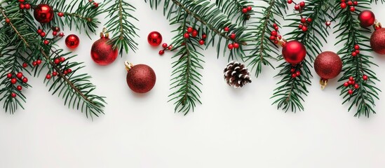 Poster - A festive Christmas-themed arrangement featuring fir tree branches, red and green ornaments against a white backdrop. Depicting Christmas, winter, and New Year themes with a flat lay, top view, and