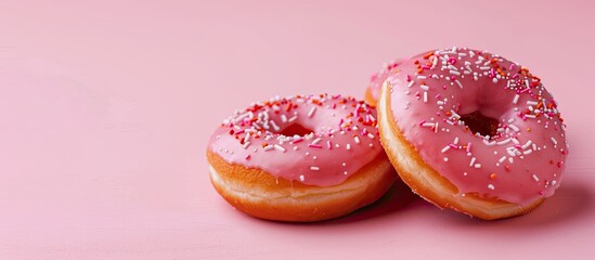 Fototapete - Two donuts displayed on a pink background with space for text or graphics to be added; ideal for creative use as a copy space image.