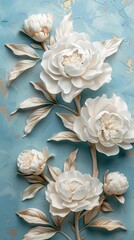 3D floral bouquet, pale white peonies and light green leaves on blue background