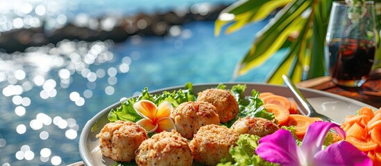 Poster - Seafood cakes and balls with pink frangipani flowers, lettuce, and sliced carrots on a seaside table with copy space image.