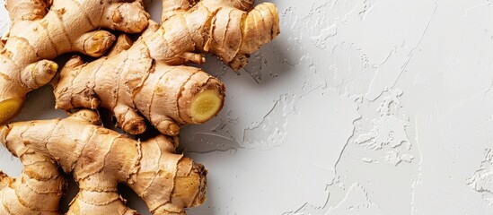 Fototapete - Top view of a fresh ginger root on a plain white background with space for additional image or text.