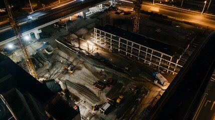 Poster - Construction Site Illuminated at Night with Cranes and Industrial Equipment
