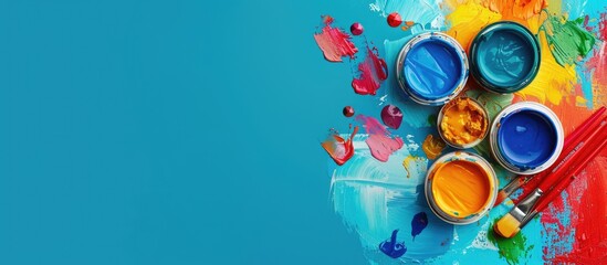 Poster - Cans of paints and painter's supplies on color background. with copy space image. Place for adding text or design
