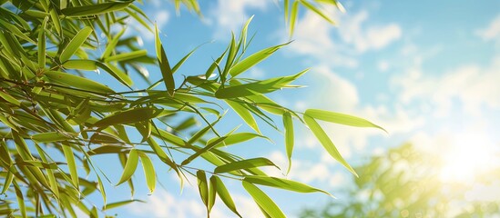 Wall Mural - Scenic view of bamboo leaves set against a peaceful sky creating a serene landscape in a copy space image.