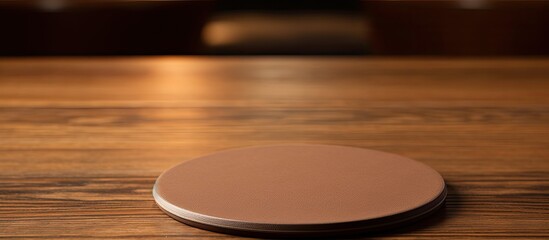 Poster - Beverage coaster in light brown shade placed on a dark brown table creating copy space image.