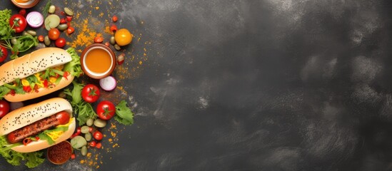 Poster - Top view of a selection of hot dogs topped with fresh vegetables and condiments on a textured stone surface with empty space for text or graphics. with copy space image
