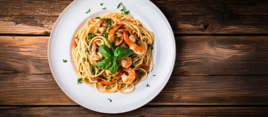 Poster - Top-down view of tasty shrimp and herb spaghetti on a white plate over a rustic wooden surface, with soft focus and ample copy space image.
