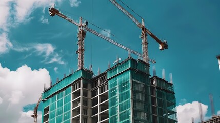 Poster - Cranes Constructing Highrise Building Against Cloudy Sky in Urban Landscape