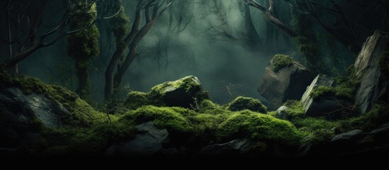 Fototapete - Dark forest background with green moss creates a captivating backdrop for product displays, offering a scenic copy space image.