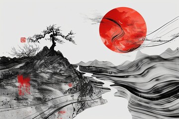 Canvas Print - Abstract black and white landscape japan