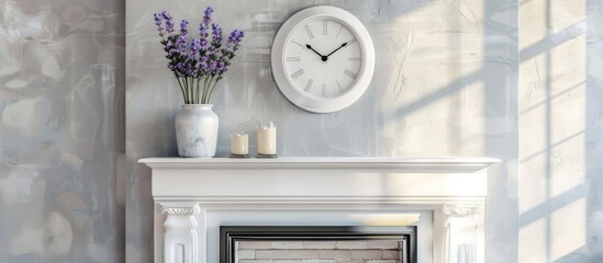Poster - White fireplace with round clock, lavender and word Home. with copy space image. Place for adding text or design