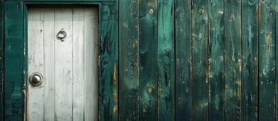 Poster - A white vintage front door with an iron knob, set against a dark green wood plank wall, offers a rustic charm and copy space image.