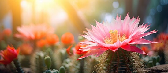 Leinwandbilder - Blurry background enhances tropical cactus flower in copy space image.