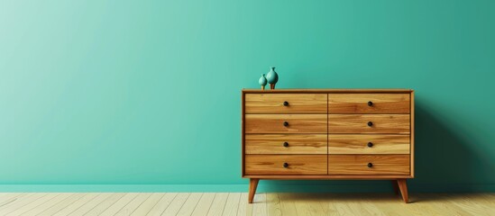 Poster - Wooden dresser Isolated on pastel background. render. with copy space image. Place for adding text or design