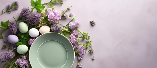 Poster - Top-down view of a Easter table arrangement featuring a green dish, purple flowers, Easter eggs, all set against a soft lilac backdrop with copy space image.