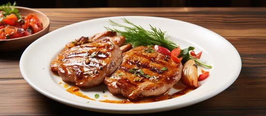 Wall Mural - Spicy Pork and Chicken Steaks displayed on a white plate on a wooden table with a clear area for additional image or text.