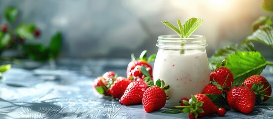 Poster - A glass jar of natural yogurt and fresh strawberries on a bright background with available copy space image