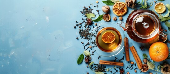 Poster - Teapot surrounded by dry tea, dried oranges, cinnamon sticks, and anise on a blue backdrop with ample copy space image.