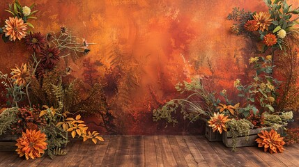 Wall Mural - Autumnal Garden Setting: The wall is adorned with rich autumn foliage