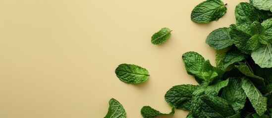 Fototapete - Top view of mint herbs on pastel background. Minimal raw herb concept design. with copy space image. Place for adding text or design
