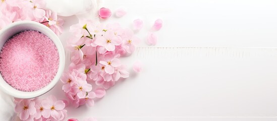 Poster - Flat lay composition with pink sea salt, candles, fresh flower petals in water-filled bowl, and a white towel on a white background for a mock-up image with copy space.