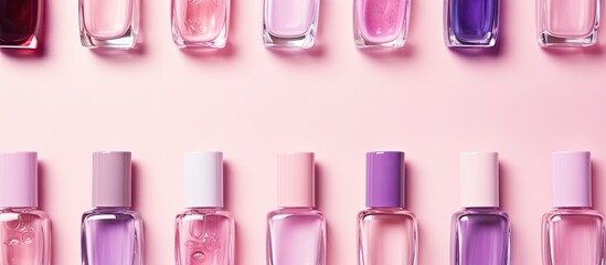 Poster - A pastel pink background with an array of vibrant nail polish bottles displayed in a flat lay arrangement with available copy space image.